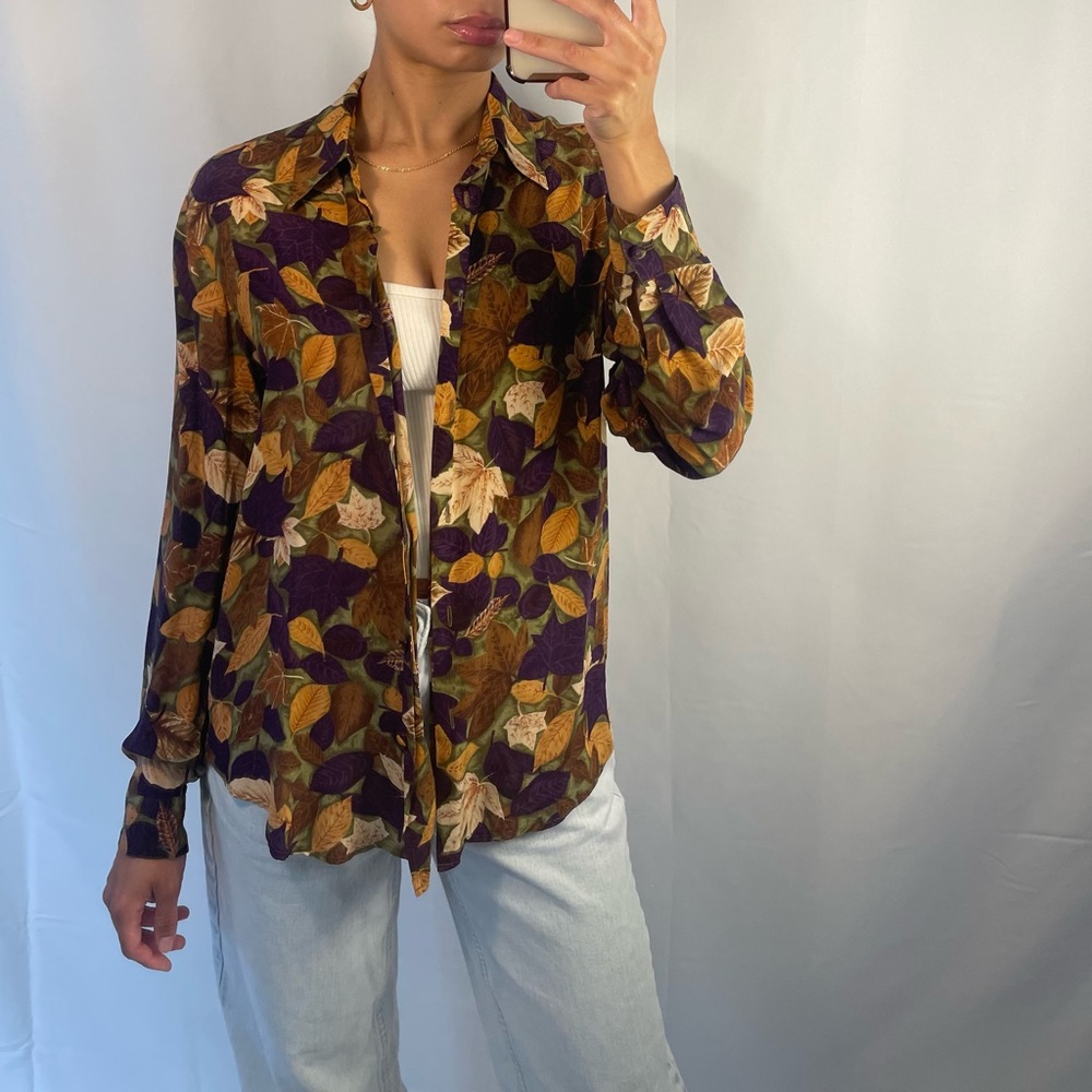 Vintage autumn leaves silk button down blouse